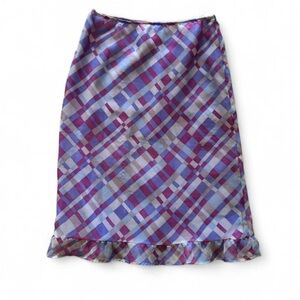 Rare Japanese Vintage 100% Silk Purple Plaid Midi Skirt with Ruffle Hem